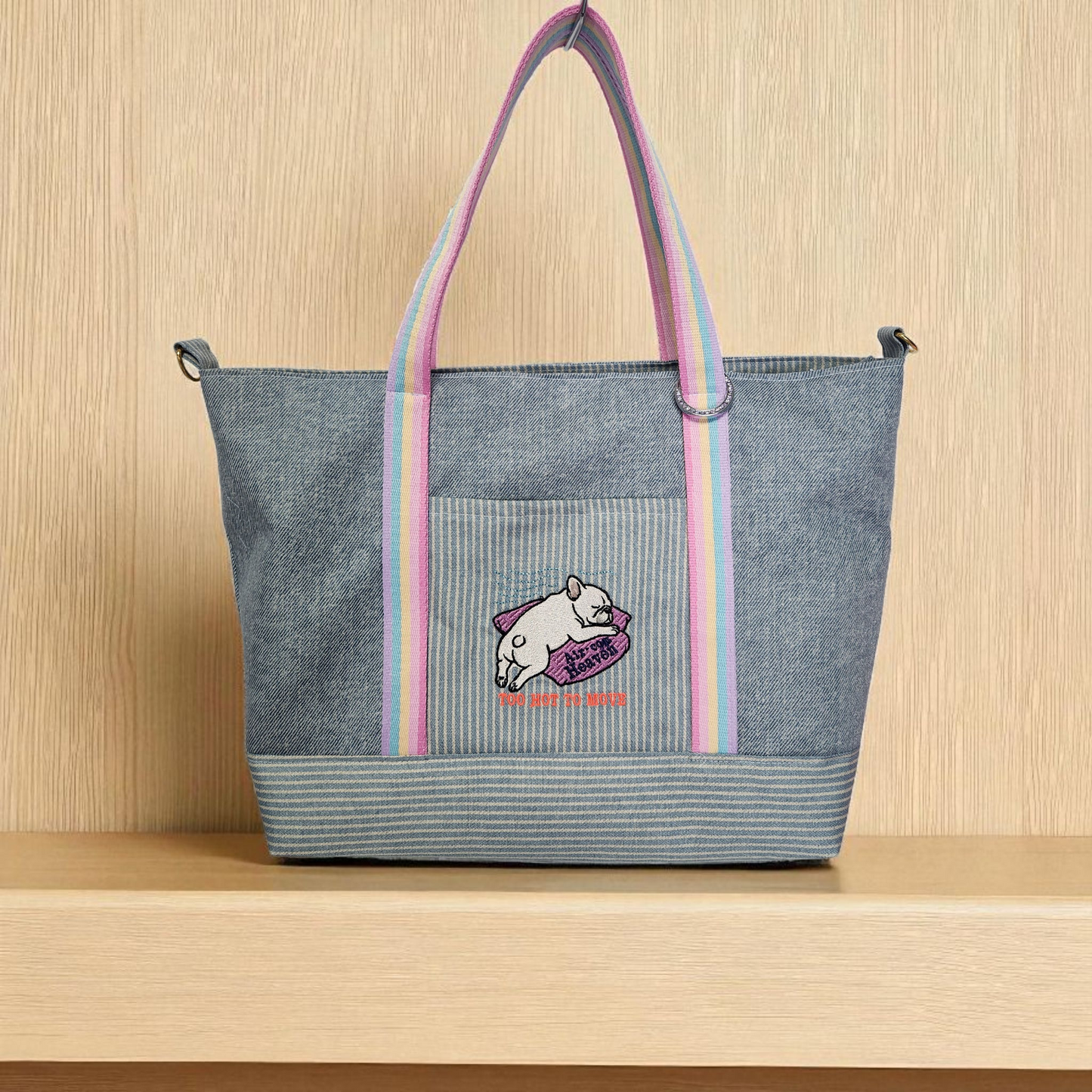 (プレゼント付き)2-WAY エアコンブヒ刺繍の大型デニム👜 2-WAY Air-con Heaven Frenchie embroidered large tote