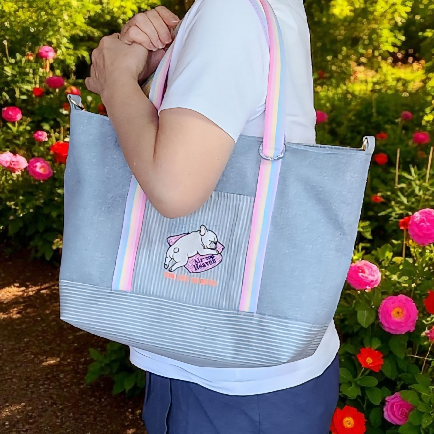 (プレゼント付き)2-WAY エアコンブヒ刺繍の大型デニム👜 2-WAY Air-con Heaven Frenchie embroidered large tote