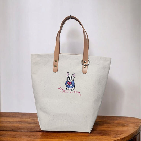 母の日限定　フレンチブルドッグ刺繍入り、厚手日本製帆布のトートバッグ