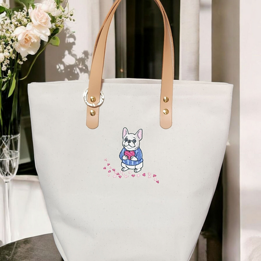 母の日限定　フレンチブルドッグ刺繍入り、厚手日本製帆布のトートバッグ