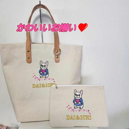 フレンチブルドッグ刺繍入り、厚手日本製帆布のトートバッグ