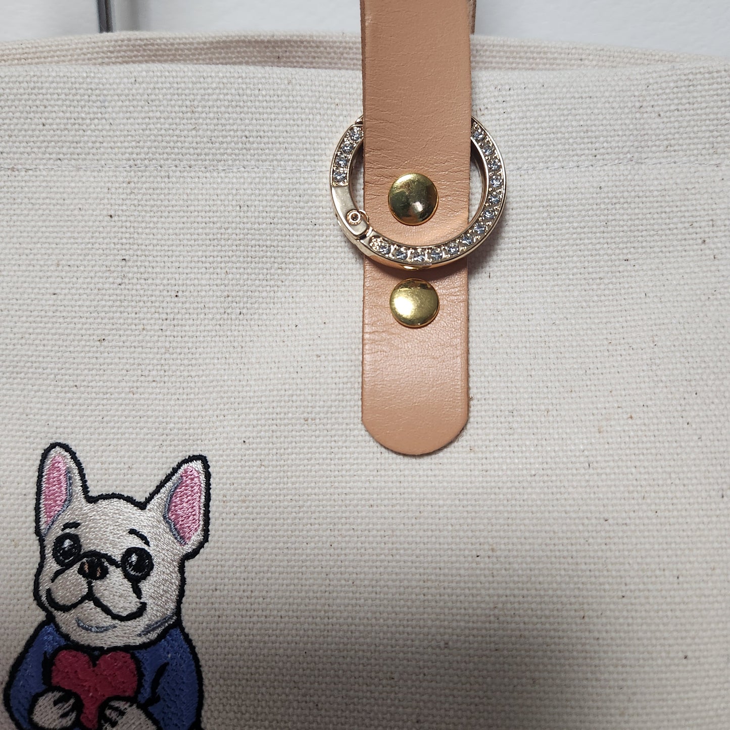 フレンチブルドッグ刺繍入り、厚手日本製帆布のトートバッグ