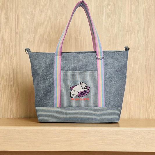 （プレゼント付き）2-WAY エアコンブヒ刺繍の大型デニム👜 2-WAY Air-con Heaven Frenchie embroidered large tote