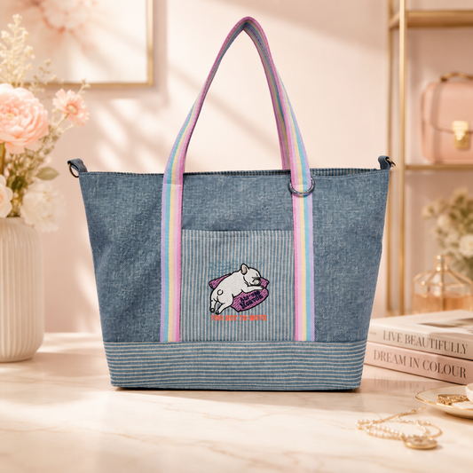 (Gift included) 2-WAY Air-Con Heaven Frenchie Embroidered Large Denim Tote 👜 2-WAY Air-Con Heaven Frenchie Embroidered Large Tote